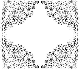 Wreath of black roses or peonies flowers and branches isolated of white. Foral frame design elements for invitations, greeting cards, posters, blogs. Hand drawn illustration. Line art. Sketch