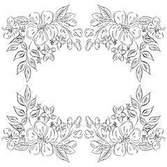 Wreath of black roses or peonies flowers and branches isolated of white. Foral frame design elements for invitations, greeting cards, posters, blogs. Hand drawn illustration. Line art. Sketch