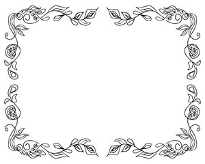 Wreath of black roses or peonies flowers and branches isolated of white. Foral frame design elements for invitations, greeting cards, posters, blogs. Hand drawn illustration. Line art. Sketch