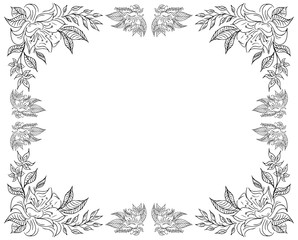Wreath of black roses or peonies flowers and branches isolated of white. Foral frame design elements for invitations, greeting cards, posters, blogs. Hand drawn illustration. Line art. Sketch - 265731734