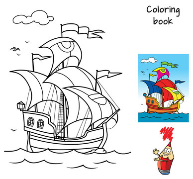 Sailing ship. Coloring book. Cartoon vector illustration