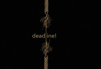 A frayed rope is about to break and the word deadline is included in this illustration about time running out before disaster strikes.