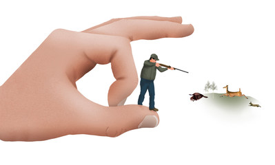 Hunters are hated by some segments of society so here is an illustration to support that view. A finger is about the flip a deer hunter before he can shoot his prey.