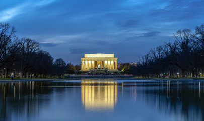 Scene of Abraham Lincoln Memorial at the twilight time with reflection, Washington DC, United States, history and culture for travel concept