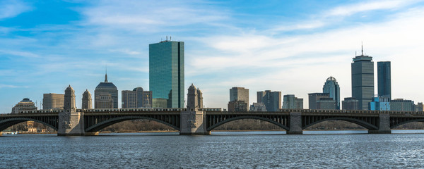 panorama for banner of Train running over the Longfellow Bridge the charles river at the evening...