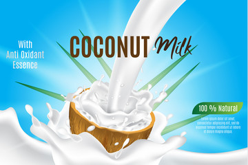 coconut milk for product and package, 3d realistic coconut splash on coconut slice vector