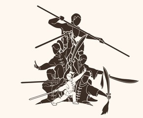 Group of People Kung Fu fighter, Martial arts with weapons action cartoon graphic vector.