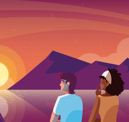 interracial couple contemplating horizon of sky sunset scene