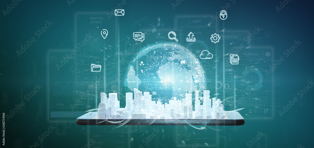 Poster smart city user interface with icon, stats and data 3d rendering