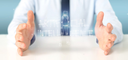 Fototapeta na wymiar Businessman holding an artificial inteligence robot made of light 3d rendering