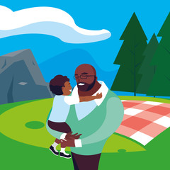 afro father with son in the field picnic day