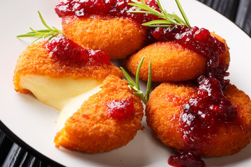Baked Camembert breaded with cranberry sauce close-up on a plate. horizontal