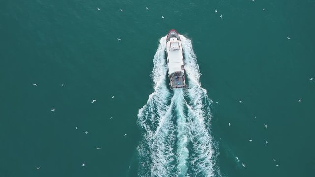 fishing boats sailing through the mediterranean sea recorded with overhead view with drone between seagulls