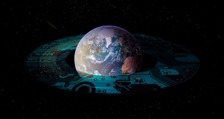 Collage with Earth planet with saturn techno motherboards rings, future global techno development...
