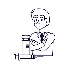 doctor professional with injection and bottle of medicine