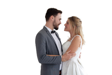 Wedding couple in love. Beautiful bride in white dress  and man handsome ,white  background