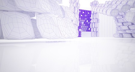 Abstract drawing white parametric interior multilevel public space with window. 3D illustration and rendering.