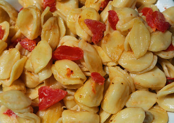 Italian pasta dish called orecchiette with tomato sauce