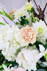 Flower background with hortensias (hydrangea), carnations and roses.