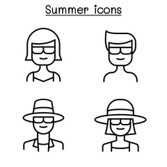 Summer people icon set in thin line style