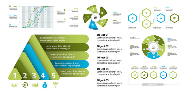 Business infographic design set can be used for workflow layout, presentation, annual report, web design. Marketing concept. Line chart, bar graph, comparison diagram, donut chart, process chart