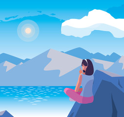 woman contemplating horizon in lake and mountains scene