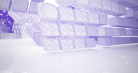 Abstract drawing white parametric interior multilevel public space with window. 3D illustration and rendering.