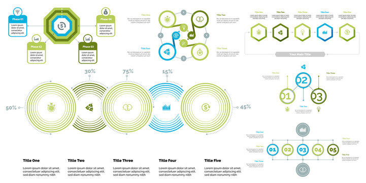 Business inforgraphic design set for strategy concept. Can be used for business project, annual report, web design. Process chart, option chart, flowchart, scatter plot, line graph