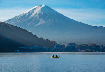 Mount Fuji with fisherman boat