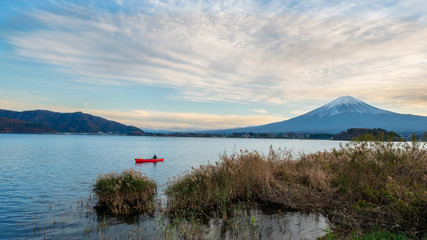 Mount Fuji with fisherman boat