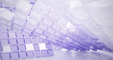 Abstract drawing white parametric interior multilevel public space with window. 3D illustration and rendering.