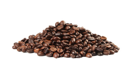 A heap of coffee beans isolated on white background.
