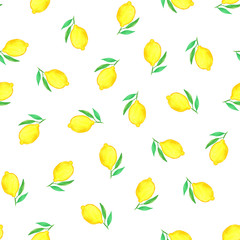 Watercolor seamless pattern of fresh yellow lemons on white background. Seamless pattern for printing on paper, textile, fabric.