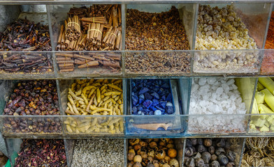 Variety of spices and herbs on street market
