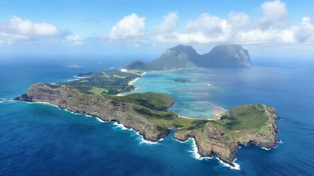Stunning aerial 4k drone footage of Lord Howe Island, a pacific subtropical island in the Tasman Sea between Australia and New Zealand. Lord Howe belongs to New South Wales, Australia.