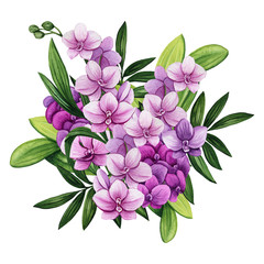 Watercolor Bouquet with Orchid Flowers and Leaves
