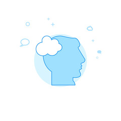 Human Head, Think Cloud Flat Vector Illustration, Icon. Light Blue Monochrome Design. Editable Stroke