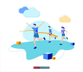 Trendy flat illustration. Best team ever concept. Goal achievement. Runner finish. Successful teamwork. Template for your design works. Vector graphics.