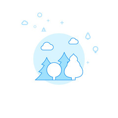 Mixed Forest Flat Vector Illustration, Icon. Light Blue Monochrome Design. Editable Stroke