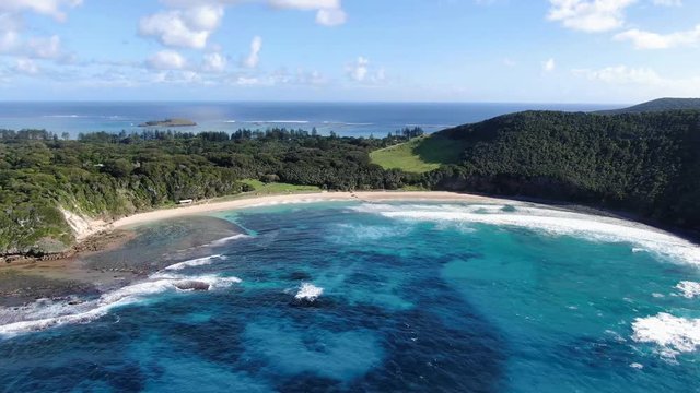 Stunning aerial 4k drone footage of Ned's Beach on Lord Howe Island, a pacific subtropical island in the Tasman Sea between Australia and New Zealand. Lord Howe belongs to New South Wales, Australia.