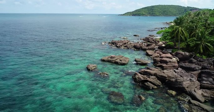 Phu Quoc Island by fly cam QUA G&Oacute;C NH&Igrave;N .Aerial view for beautiful beach with palms and crystal clear water 