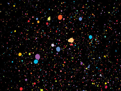 Colorful round confetti isolated on black background. Dust overl