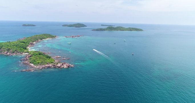 Phu Quoc Island by fly cam QUA G&Oacute;C NH&Igrave;N .Aerial view for beautiful beach with palms and crystal clear water 