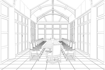 restaurant, summer terrace, 3D illustration, sketch, outline