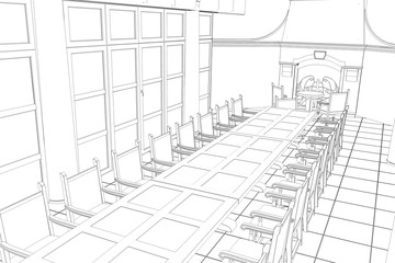 restaurant, summer terrace, 3D illustration, sketch, outline