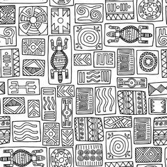 Tribal African seamless pattern on white background. Hand drawn black and white tribal vector pattern with doodle elements for design:  wallpaper, fabric, textile, paper.
