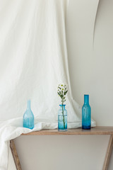 living room with blue bottle, plant decorations at the daylight