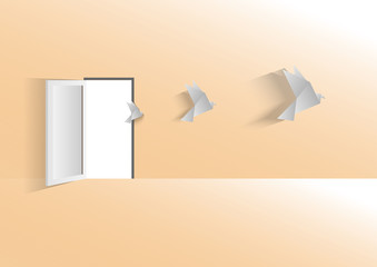 Paper birds and door open with freedom concept background