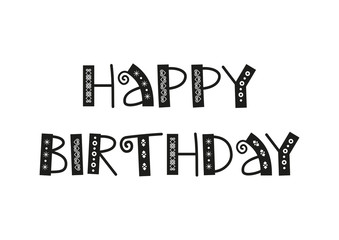Decorative lettering of Happy Birthday in black with ornaments isolated on white background