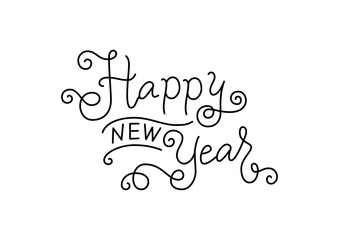 Modern mono line calligraphy lettering of Happy new year with swirls in black isolated on white background